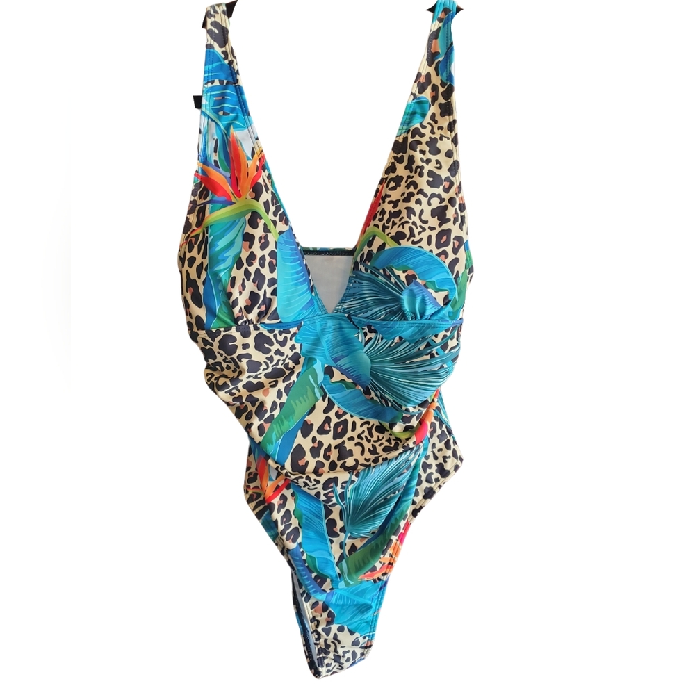 NWOT Leopard & Tropical One Piece Swimsuit - Large